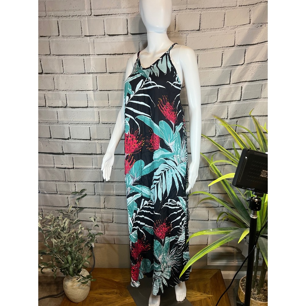 Hula Bay Tropical Floral Maxi Dress Black Red Teal Leaf Print Size M-9 Indonesia